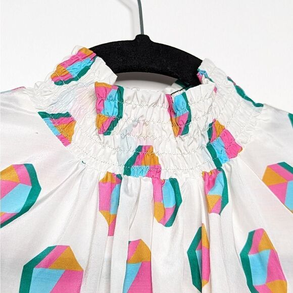 Tucker NYC Stella Top Pearl Geo in Silk Cotton Smock Mock Neck Semi Sheer - Picture 4 of 7